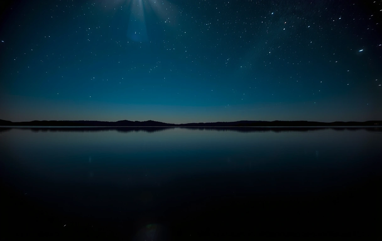 Refleksja nocnego nieba w spokojnej wodzie z złotymi akcentami